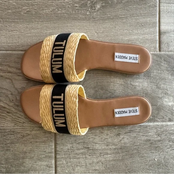 Steve Madden Knox Tulum Tan and Black Slide Sandals - Picture 4 of 7